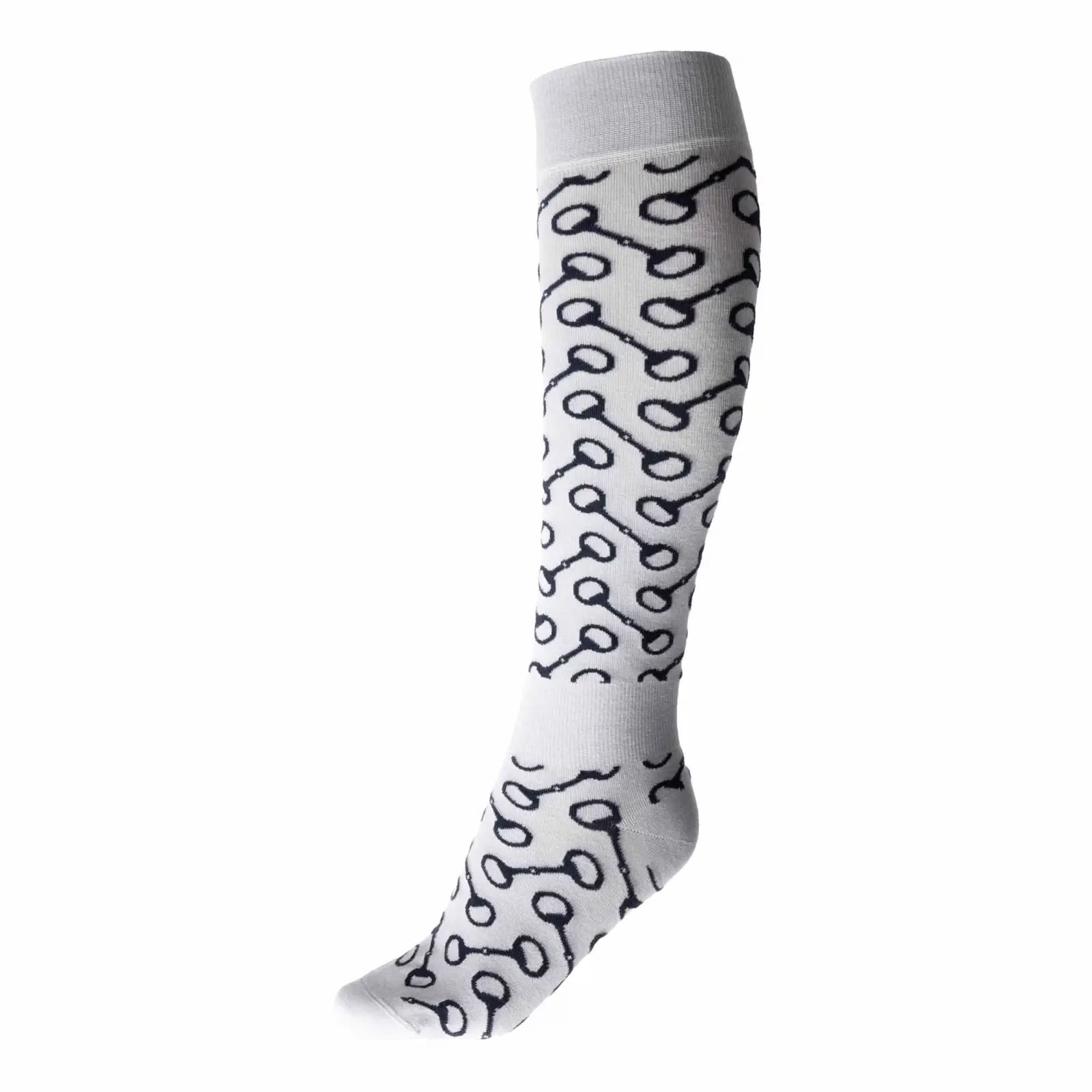 Side view of a white Horze Caro Knee Sock with navy bit accents on a white background