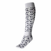 Side view of a white Horze Caro Knee Sock with navy bit accents on a white background