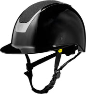 Angled front view of the Black/Black Shimmer Equinavia Crown Glossy MIPS Riding Helmet on a white background