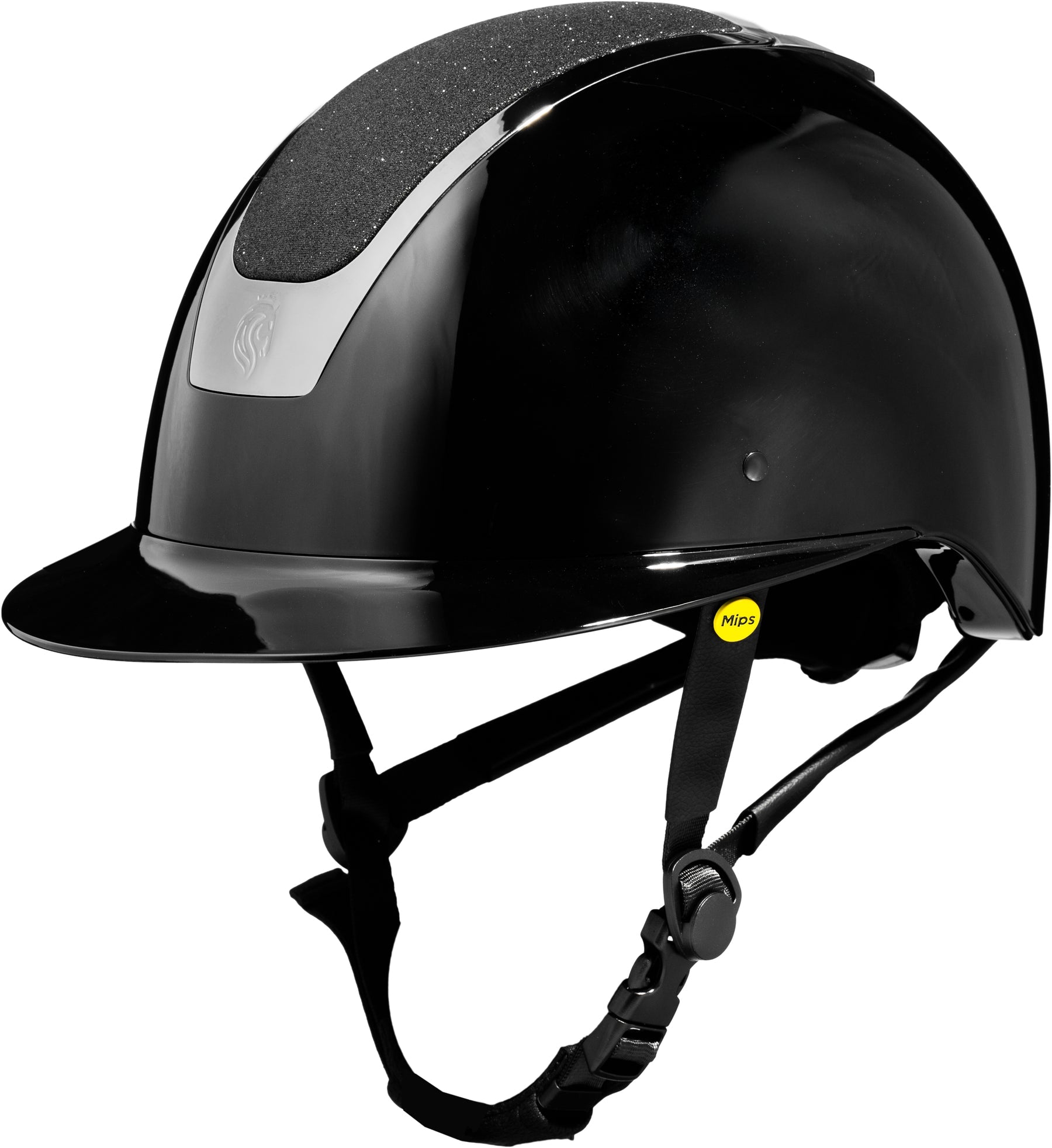 Angled front view of the Black/Black Shimmer Equinavia Crown Glossy MIPS Riding Helmet on a white background