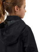 Close up view of the hood on the navy Horze Fiora Kids Lightweight Waterproof Jacket on a white background