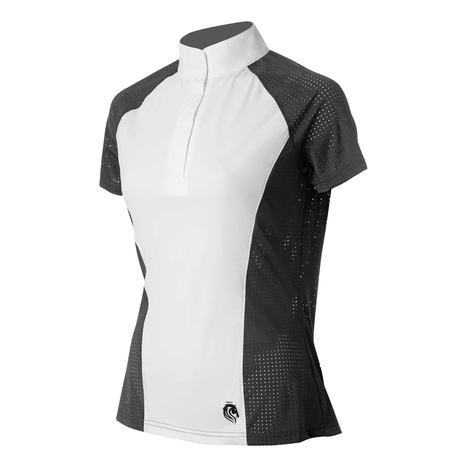 Angled front view of the Equinavia Sara Womens Perforated Short Sleeved Show Shirt in black and white on a white background