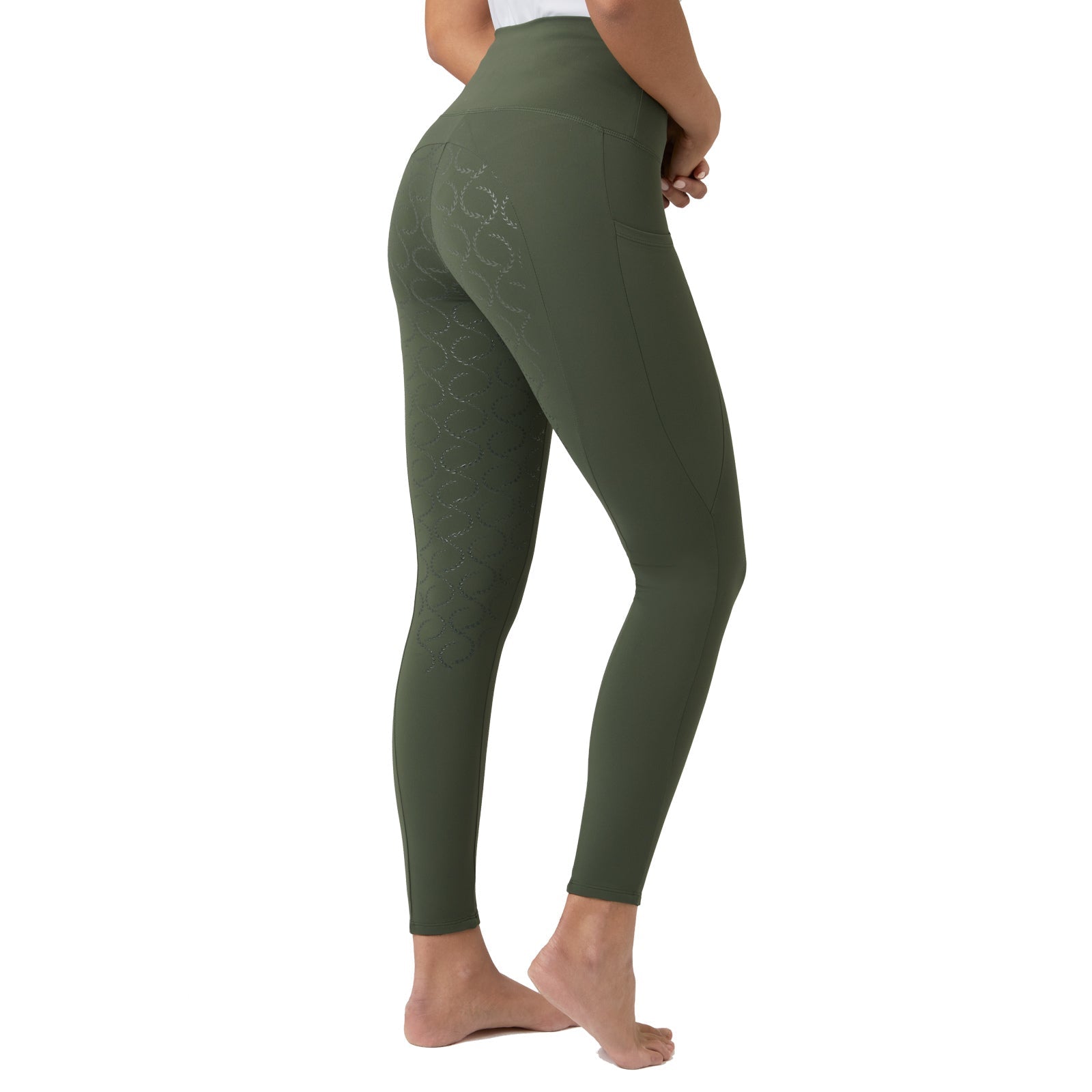 Side view of a female model wearing the Beetle Khaki Green Horze Gillian Silicone Full Seat Tights on a white background