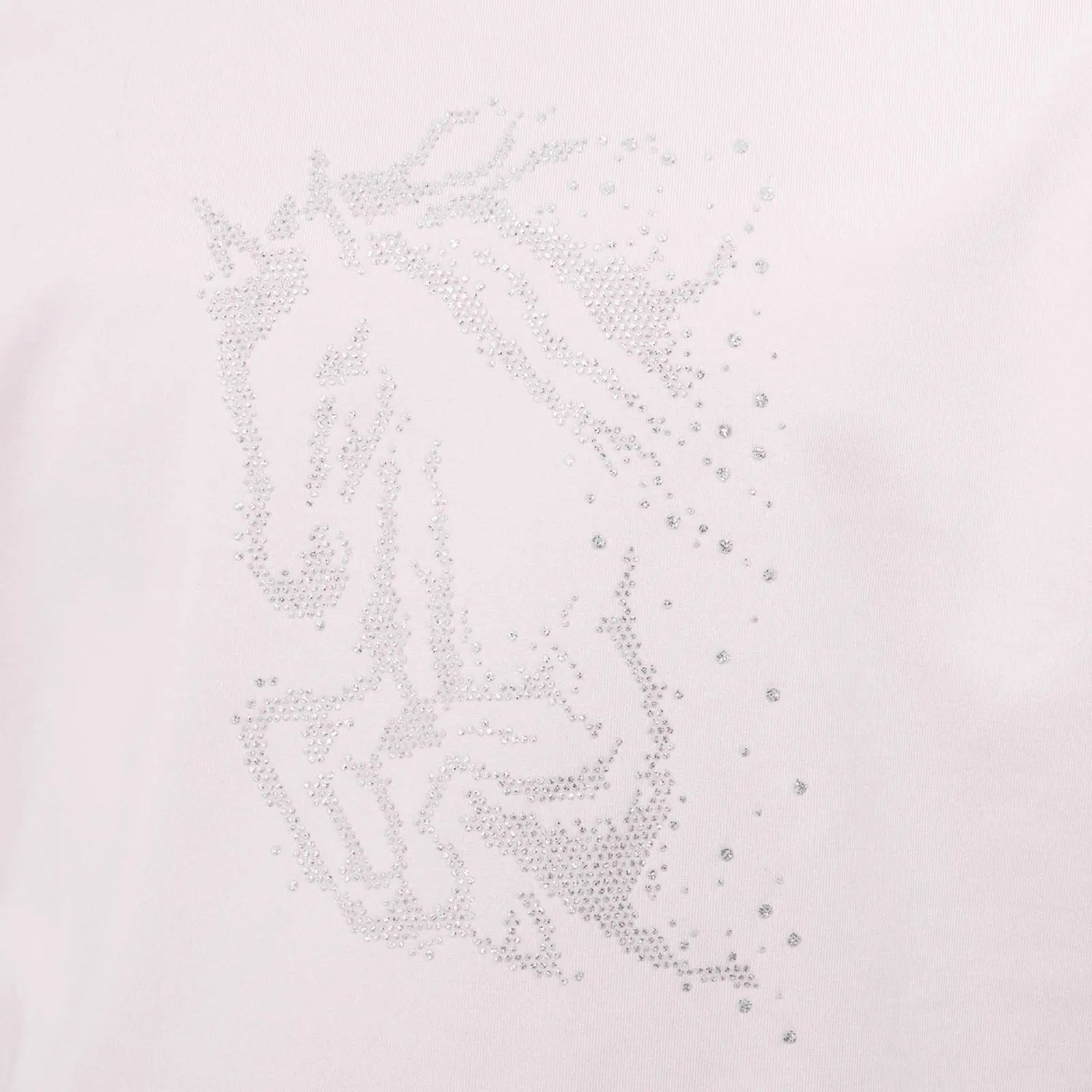 Close-up view of the rhinestones on the pink Horze Wilda Kids Equestrian T-Shirt
