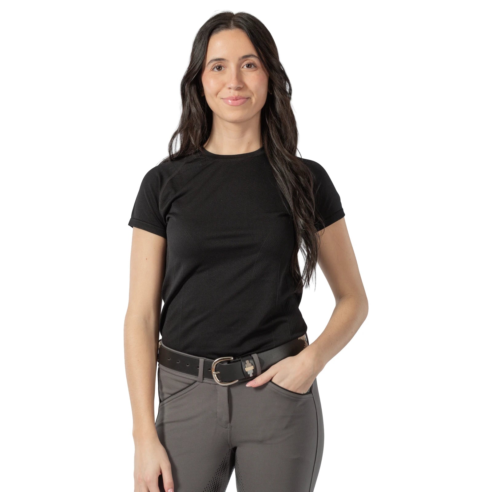 Front view of a model wearing a black top, gray breeches, and the beige and gray, black-leather Equinavia Siri Polo Belt on a white background