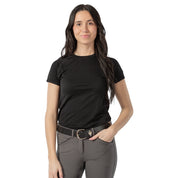 Front view of a model wearing a black top, gray breeches, and the beige and gray, black-leather Equinavia Siri Polo Belt on a white background