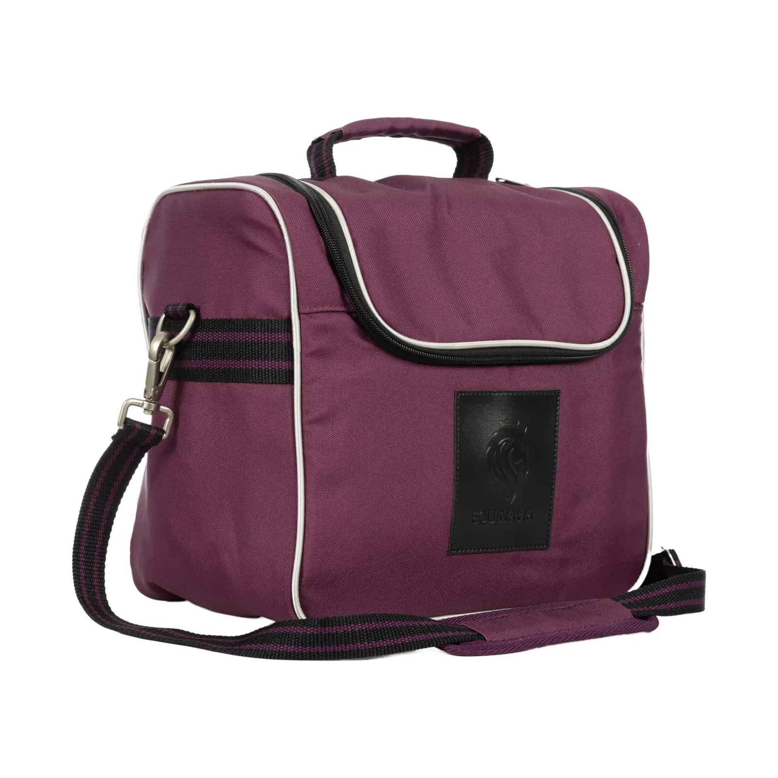 Angled front view of the plum Equinavia Darby Zip Top Grooming Bag on a white background
