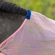 Side closeup view of a horse wearing Pink/Rainbow Equinavia Lykke Fly Sheet