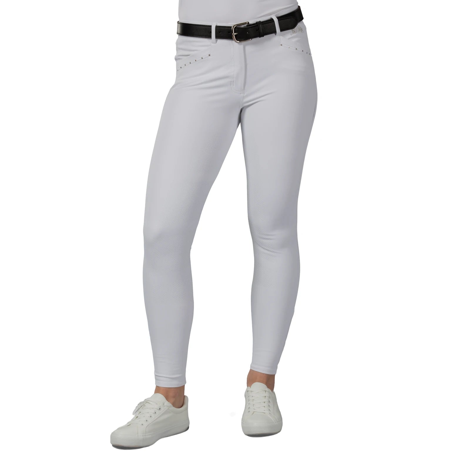 Front view of a model wearing the white B Vertigo Olivia Sillicon Full Seat Breeches on a white background