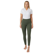 Full body front view of a female model wearing the Beetle Khaki Green Horze Gillian Silicone Full Seat Tights and white shirt on a white background