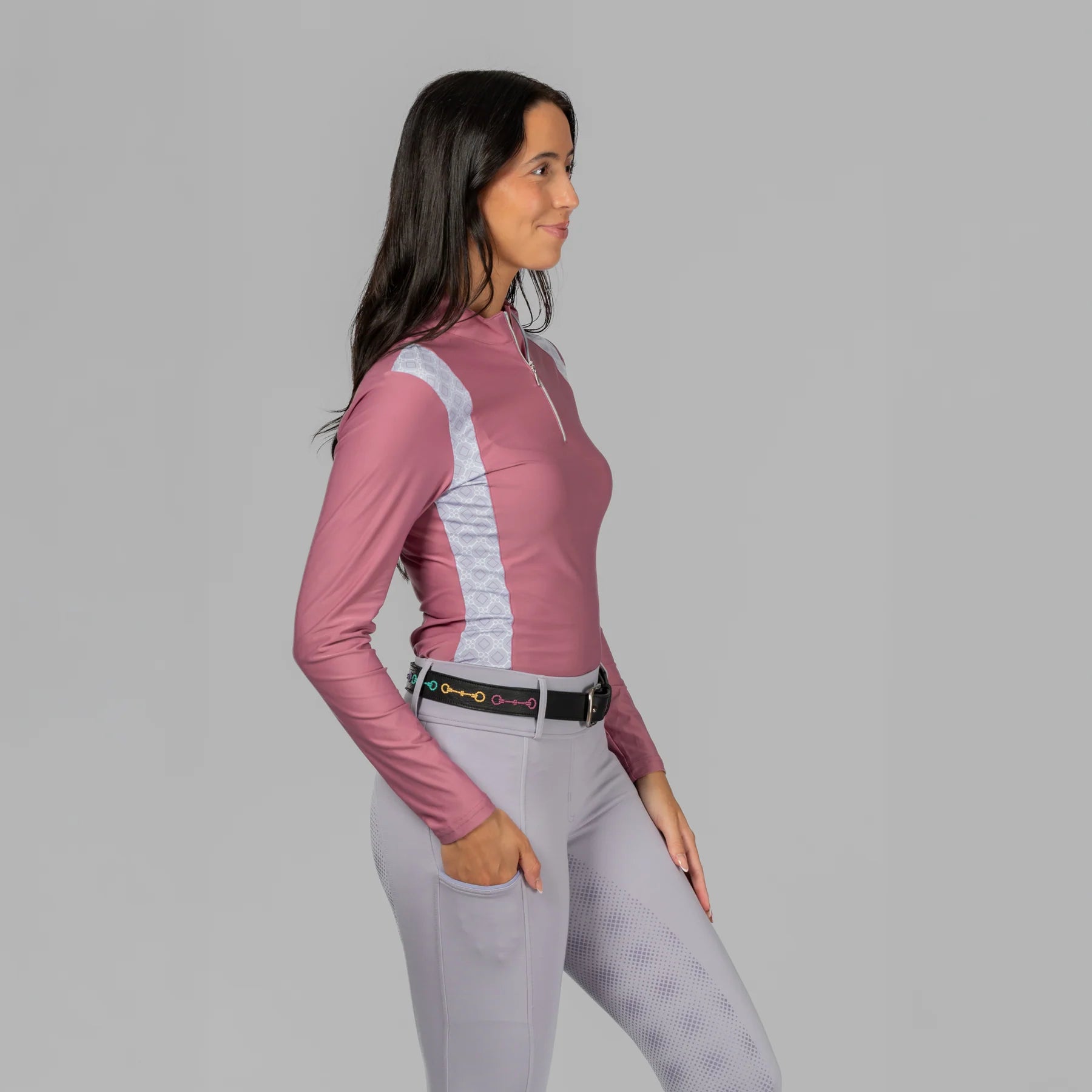 Side view of a model wearing Black/Bits Equinavia Adeline Beaded Belt on plain background