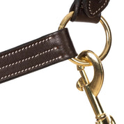 Close-up view of the trigger snap hardware on the throat latch of the Equinavia Valkyrie Triple Stitched Halter on a white background
