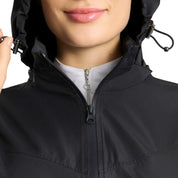 Close-up view of the zipper and hood ties on the navy Horze Fiora Lightweight Waterproof Jacket on a white background