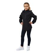 Full body front view of the navy Horze Fiora Kids Lightweight Waterproof Jacket, dark pants, and white shoes on a white background